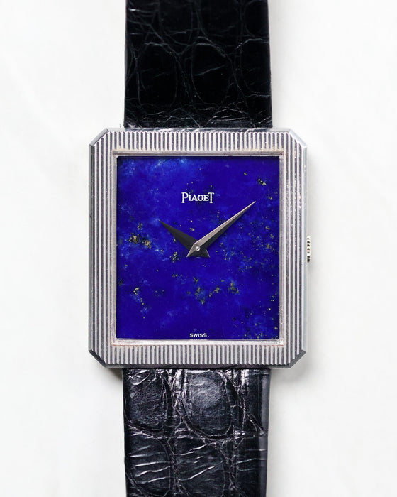 Front view of the Piaget Protocole Ref. 9154 showing its lapis lazuli dial and ribbed white gold bezel.