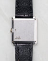 Caseback view of the Piaget Protocole Ref. 91546 in 18k white gold with reference engraving and light wear visible.