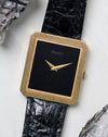 Angled view of the Piaget Protocole Ref. 8154 highlighting the hand-carved onyx dial and ribbed bezel.