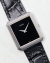 Front view of the Piaget Protocole Ref. 91546 with black onyx dial and white gold case on leather strap.