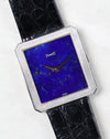 Piaget Protocole Ref. 9154 with lapis lazuli dial in an 18k white gold rectangular case photographed at an angle.