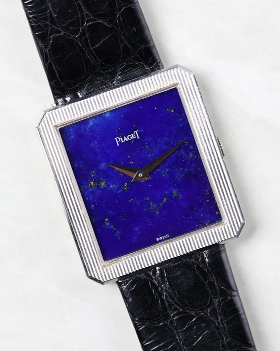 Piaget Protocole Ref. 9154 with lapis lazuli dial in an 18k white gold rectangular case photographed at an angle.