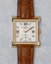 Vacheron Constantin Carré Historiques Ref. 91030 in yellow gold with silver dial and small seconds displayed from the front.