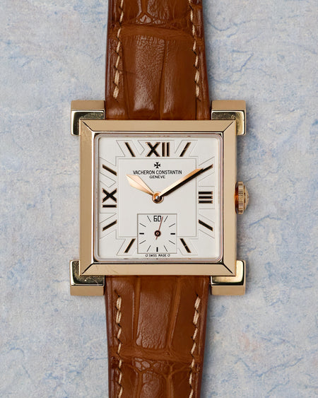 Vacheron Constantin Carré Historiques Ref. 91030 in yellow gold with silver dial and small seconds displayed from the front.