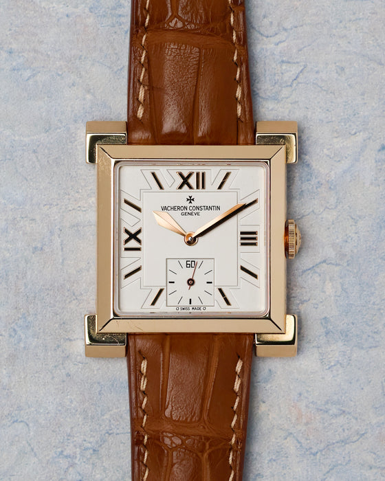 Vacheron Constantin Carré Historiques Ref. 91030 in yellow gold with silver dial and small seconds displayed from the front.