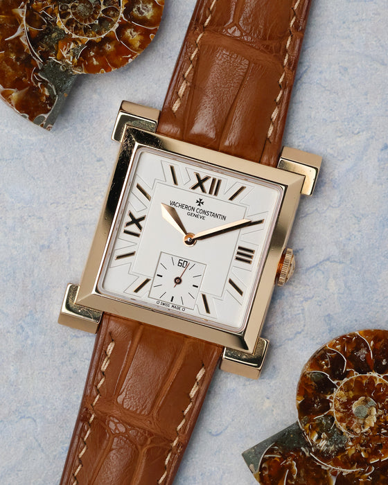 Angled front view of the Vacheron Constantin Carré Historiques Ref. 91030 yellow gold case and silver dial.