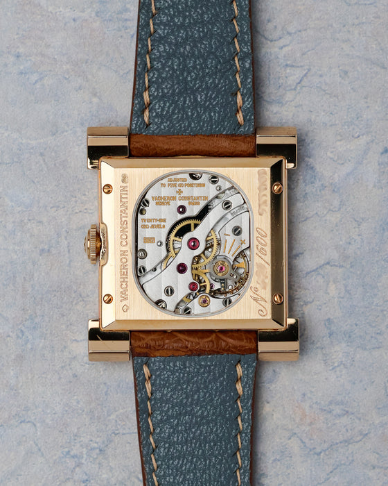 Exhibition caseback of the Vacheron Constantin Carré Historiques Ref. 91030 showing the manual-winding Calibre 1017.