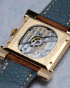 Close-up of the exhibition caseback and Calibre 1017 movement of the Vacheron Constantin Carré Historiques Ref. 91030.
