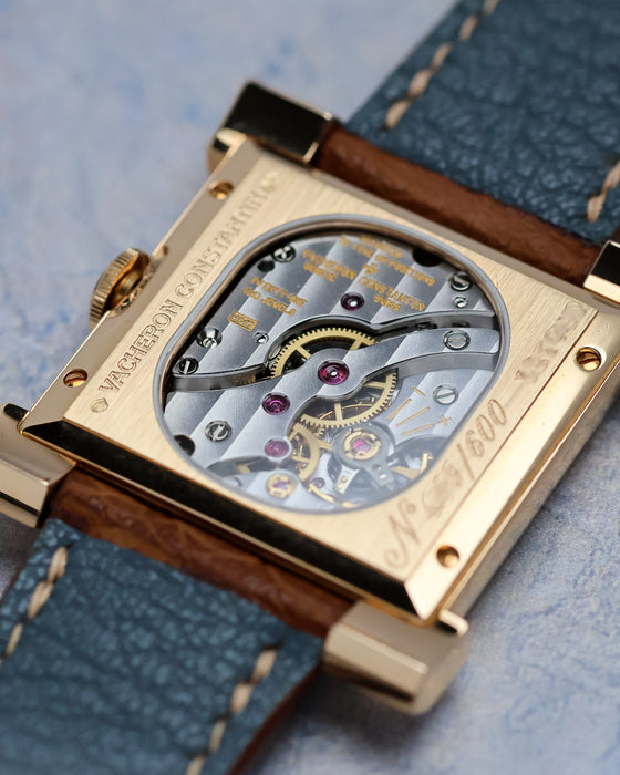 Close-up of the exhibition caseback and Calibre 1017 movement of the Vacheron Constantin Carré Historiques Ref. 91030.