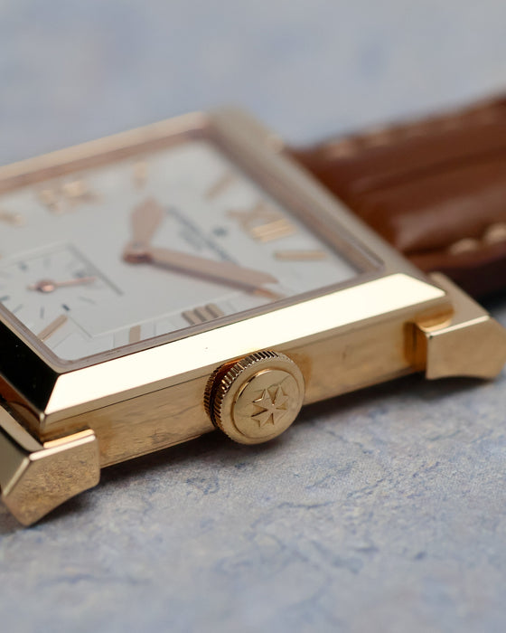 Macro detail of the signed crown on the Vacheron Constantin Carré Historiques Ref. 91030.