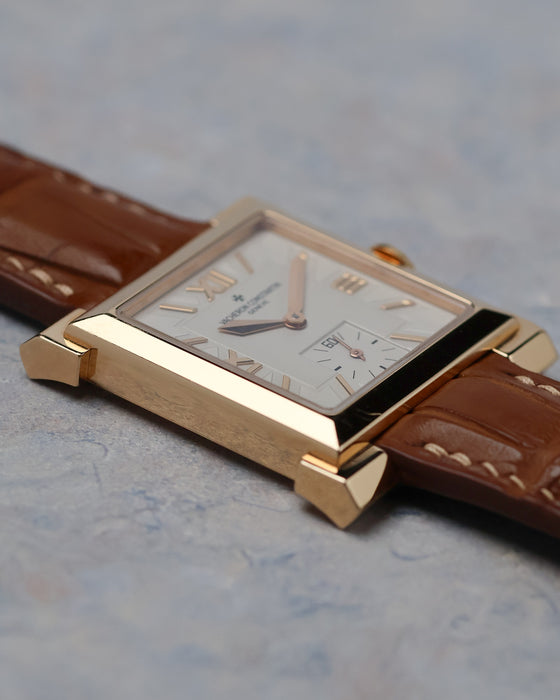 Low-angle view of the yellow gold case and dial of the Vacheron Constantin Carré  Historiques Ref. 91030.