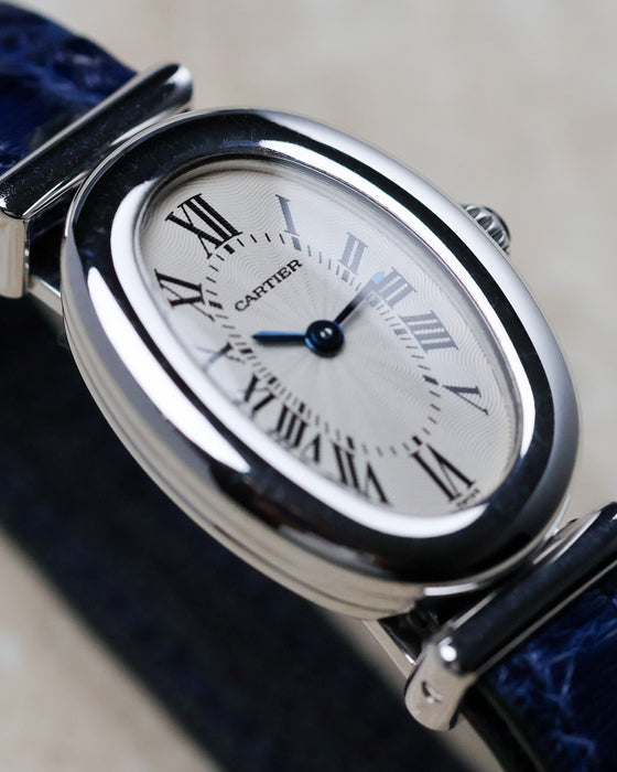 Cartier Baignoire Biplan ref. 2295 in white gold with guilloché dial shown in close-up front angle view.