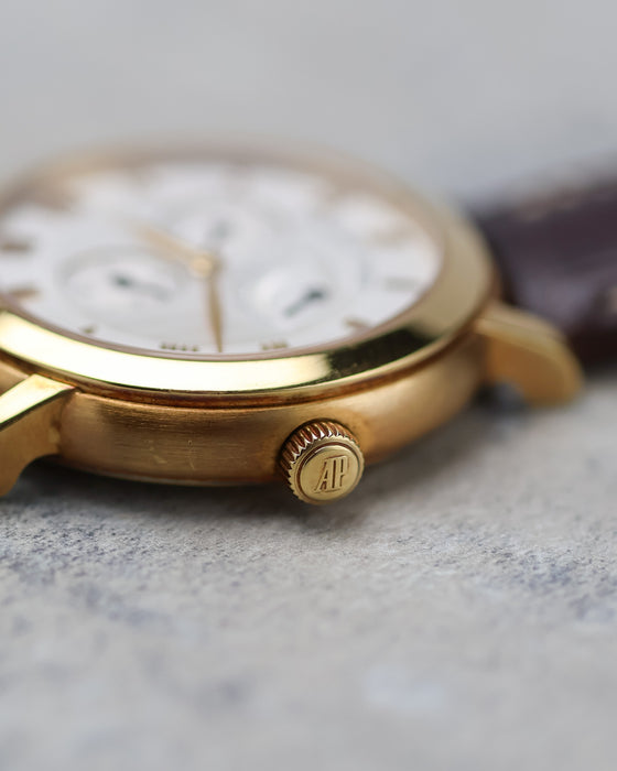 Side profile of the Audemars Piguet Jules Audemars 25955OR showing the signed AP crown and rose gold case.