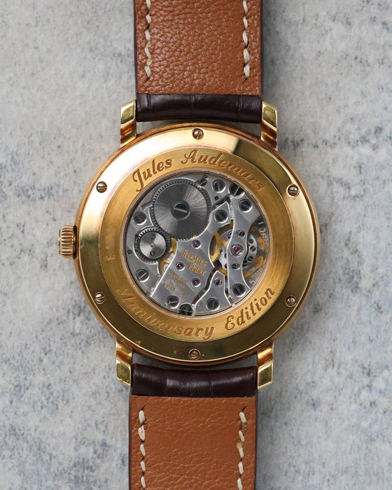 Caseback view of the Audemars Piguet Jules Audemars 25955OR showing the display back and movement.