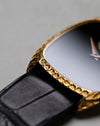 Macro view of the engraved bezel and case detailing on the Piaget Ref. 9591.