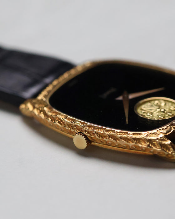 Close-up of the Piaget Ref. 9591 case flank highlighting the intricate hand-engraved goldwork.