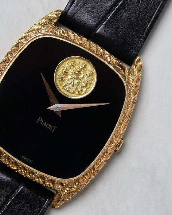 Front view of the Piaget Ref. 9591 with black onyx dial and Piaget medallion at 12 o'clock.