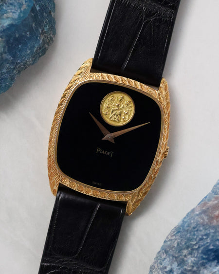 Three-quarter view of the Piaget Ref. 9591 highlighting the engraved case and onyx dial.