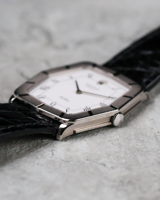 Side profile of the Rolex Cellini Ref. 4170 showing its slim 18K white gold case and engine-turned bezel.