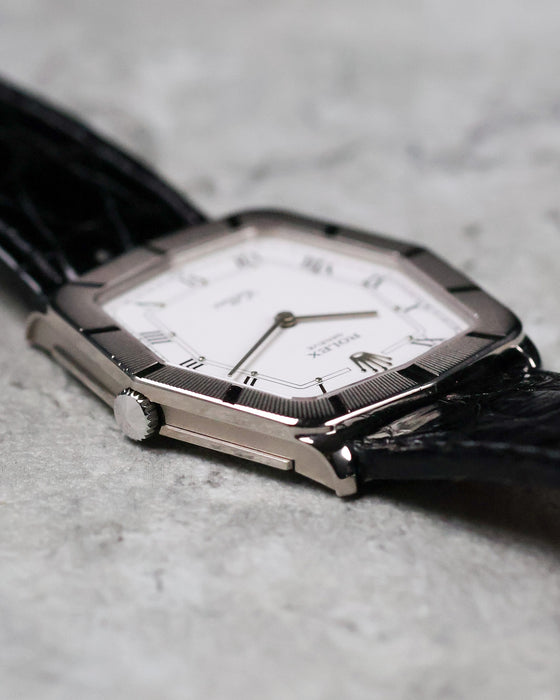 Low-angle view of the Rolex Cellini Ref. 4170 highlighting the stepped white gold case and textured bezel.