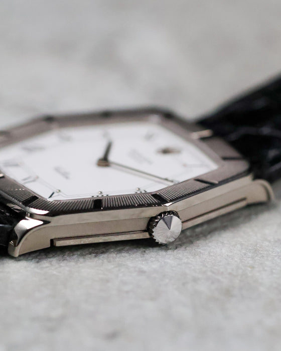 Close-up of the Rolex Cellini Ref. 4170 crown and slim 18K white gold case.