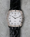 Front view of the Rolex Cellini Ref. 4170 with white dial, Roman numerals and engine-turned white gold bezel.