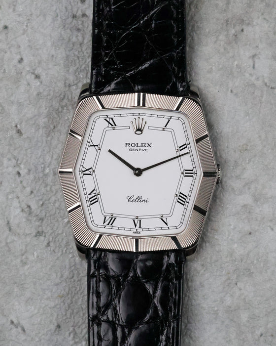 Front view of the Rolex Cellini Ref. 4170 with white dial, Roman numerals and engine-turned white gold bezel.