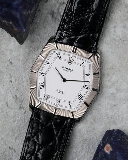 Angled front view of the Rolex Cellini Ref. 4170 highlighting the white dial and distinctive geometric case.