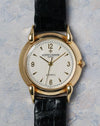 Front view of the Vacheron Constantin Historiques 48003 with engine-turned silver dial and applied gold markers.