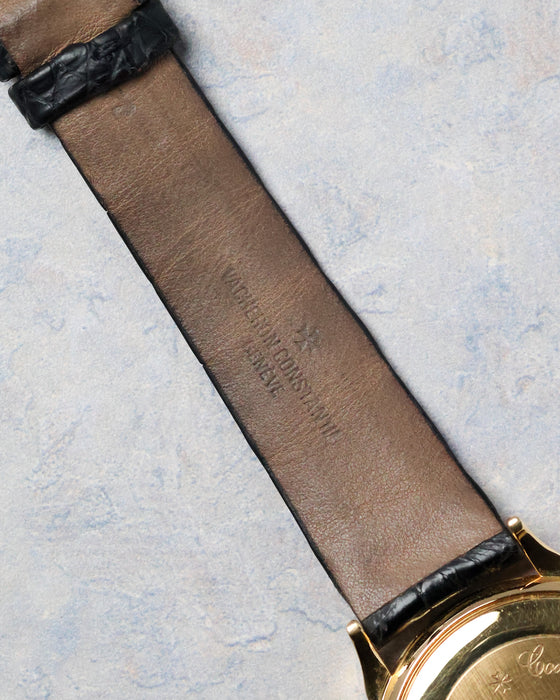 Interior view of the original Vacheron Constantin leather strap with stamped branding.