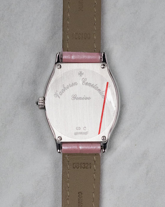 Reverse view of the brushed 18k white gold caseback with Vacheron Constantin Genève engraving and reference markings.