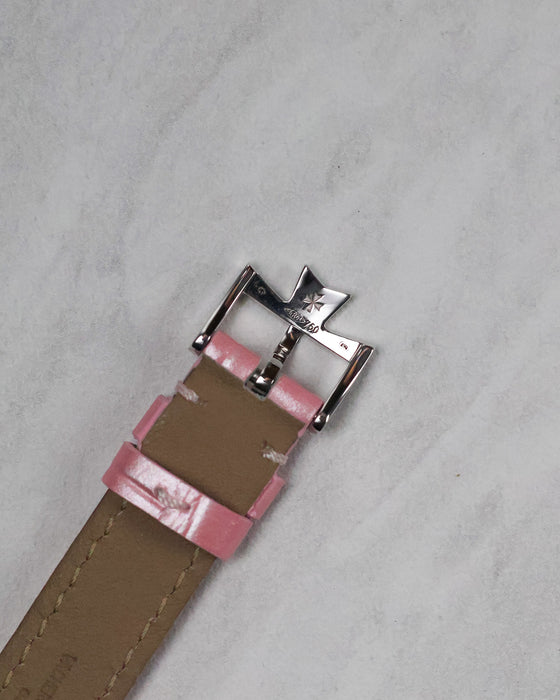 Reverse of the original 18k white gold buckle showing the Vacheron Constantin signature, hallmarks and precious metal stamps.