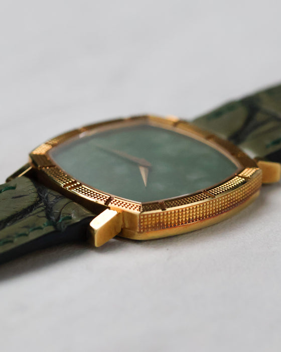 Angled close-up of the Piaget Reference 12427 showcasing the slim case and jade dial.