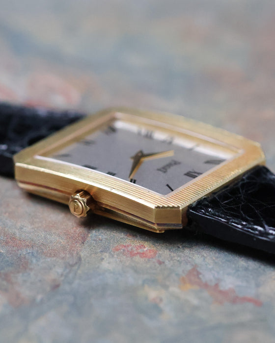 Angled side view of the Piaget Protocole Jumbo Ref. 90154 highlighting the signed crown and stepped case.