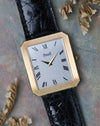 Angled front view of the Piaget Protocole Jumbo Ref. 90154 highlighting the silver dial, Roman numerals and ribbed bezel.