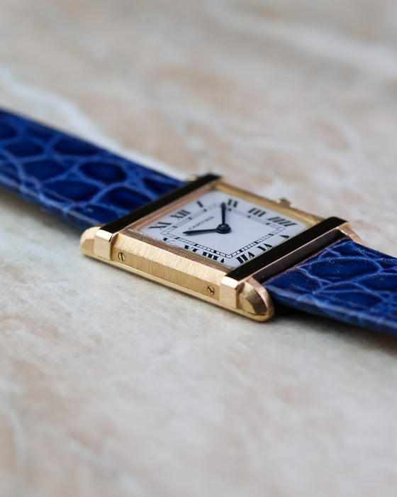Low-angle side view of the Cartier Tank Chinoise Ref. 81051 highlighting the stepped case construction.