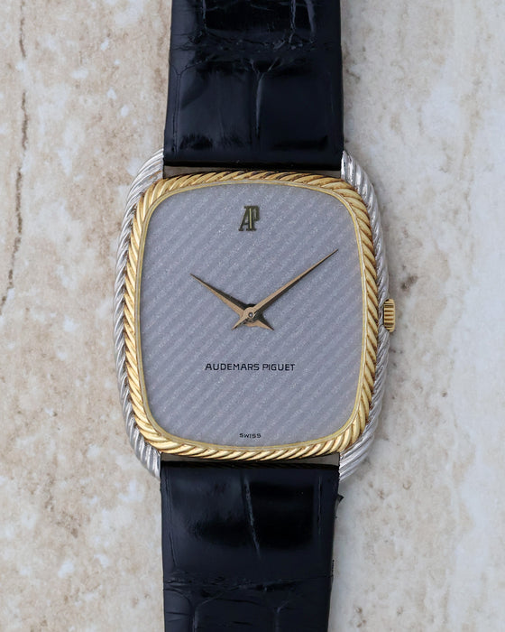 Front view of the Audemars Piguet 4157CA with silver Snowflake dial and applied AP monogram.