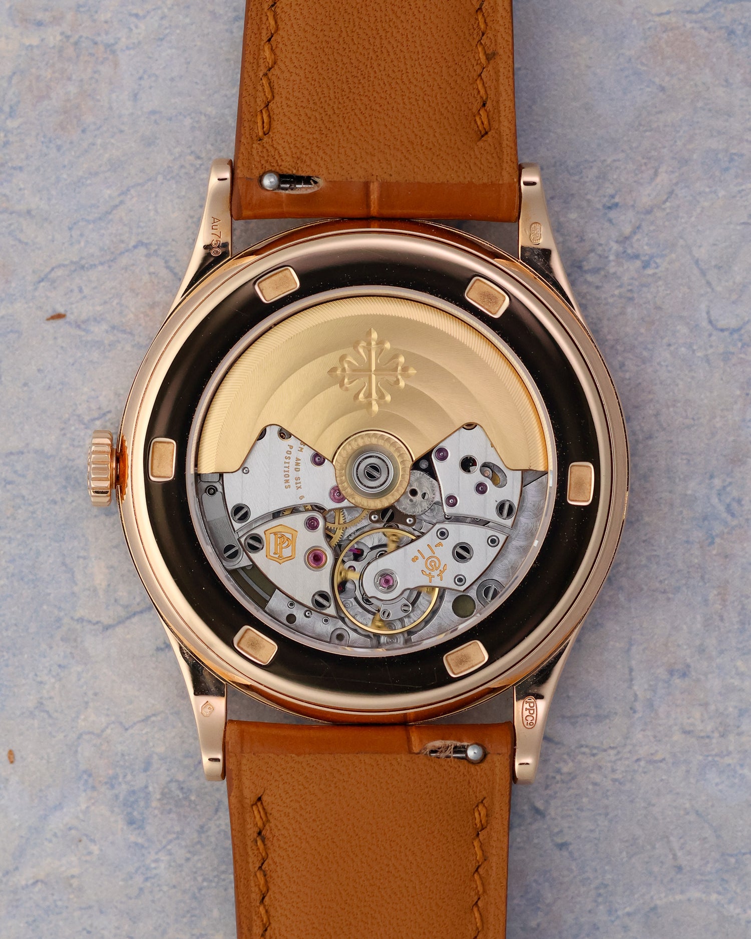 Patek Philippe Calatrava 5296R-001 caseback showing the automatic calibre 324 S C and 18k rose gold hallmarks.