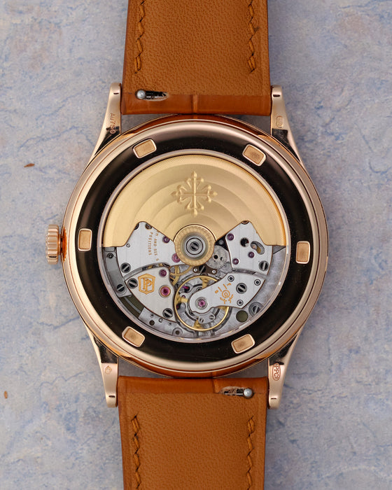 Patek Philippe Calatrava 5296R-001 caseback showing the automatic calibre 324 S C and 18k rose gold hallmarks.