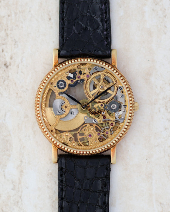 Front view of the Universal Genève Ref. 151.11.662 showing its fully skeletonised movement and blued hands.