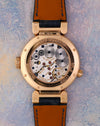 Caseback of the Harry Winston Premier Excenter Time Zone 200-MMTZ39R showing its manual-winding calibre J7061 through the sapphire display back.