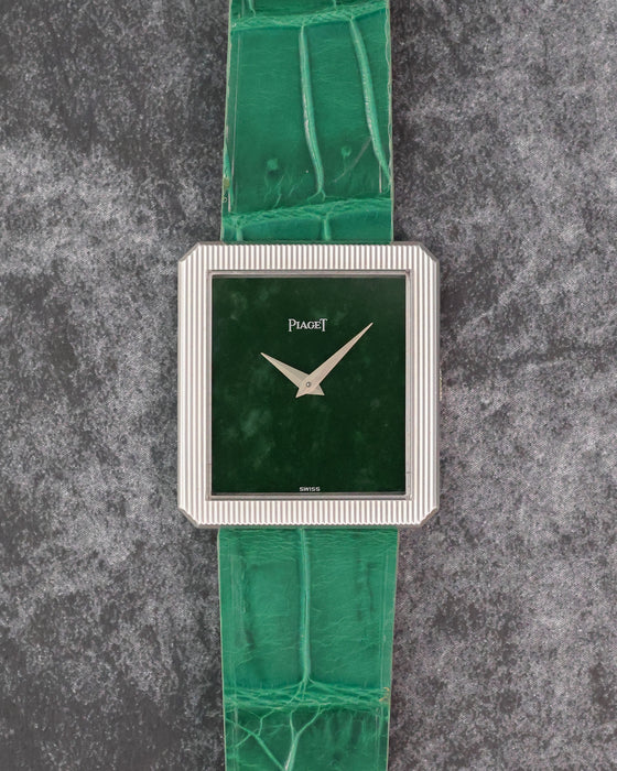 Piaget Protocole Ref. 9154 in 18K white gold with green jade dial and matching green strap.
