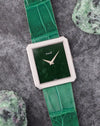 Angled view of the Piaget Protocole 9154 showing its natural jade dial and finely striped white gold bezel.