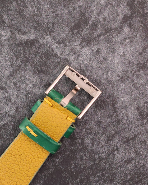 Reverse view of the signed Piaget 18K white gold buckle with Swiss hallmarks.