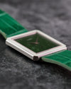 Side view showing the slim profile and crisp case finishing of the white gold Piaget Protocole.