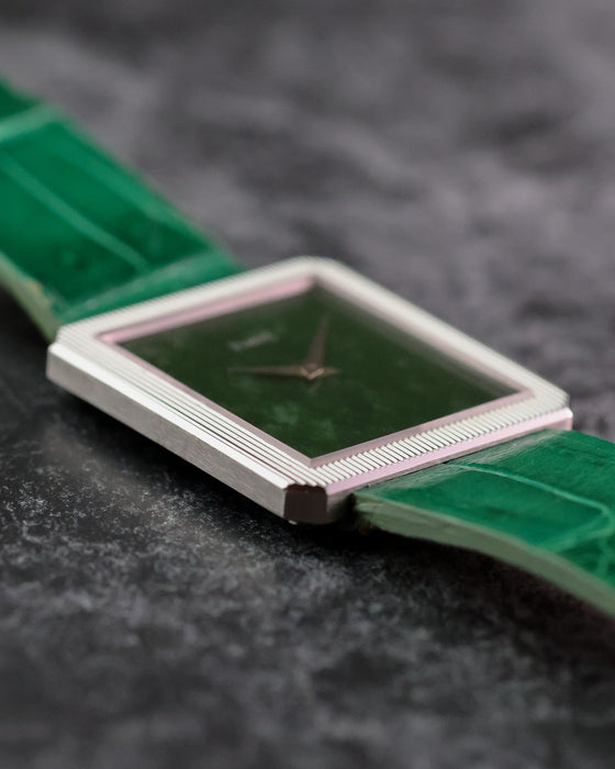 Side view showing the slim profile and crisp case finishing of the white gold Piaget Protocole.