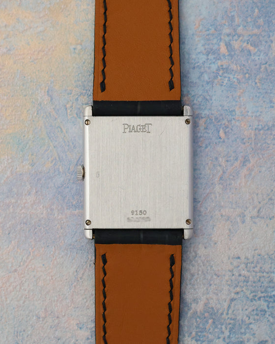 Caseback of the Piaget Ref. 9150 showing the signed white gold back, reference number 9150 and serial number.