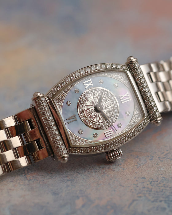 Close-up of the Audemars Piguet Carnegie dial with blue mother-of-pearl, Roman numerals, diamond markers and engine-turned central medallion.