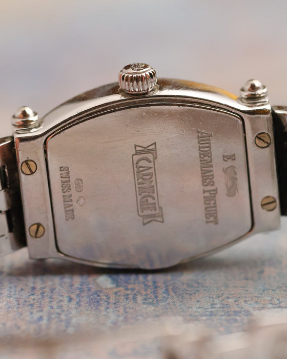 Caseback of the white-gold Audemars Piguet Carnegie engraved with the Audemars Piguet and Carnegie signatures and Swiss hallmarks.