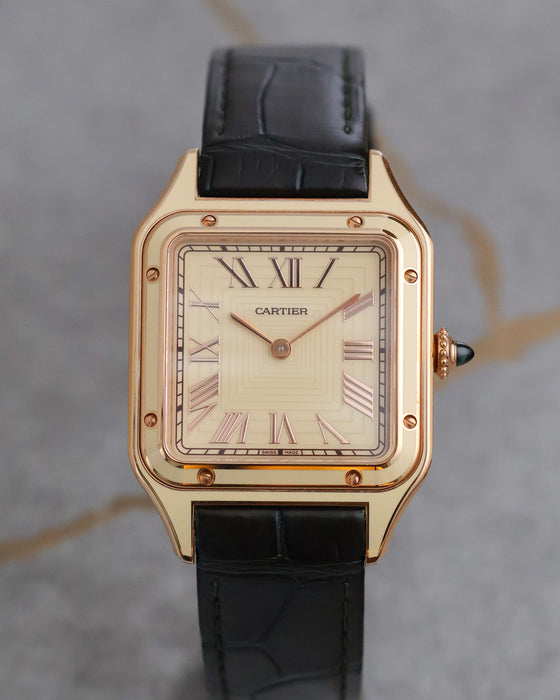 Cartier Santos-Dumont WGSA0054 in 18K rose gold with cream dial, beige lacquer bezel and dark alligator strap shown front-on.